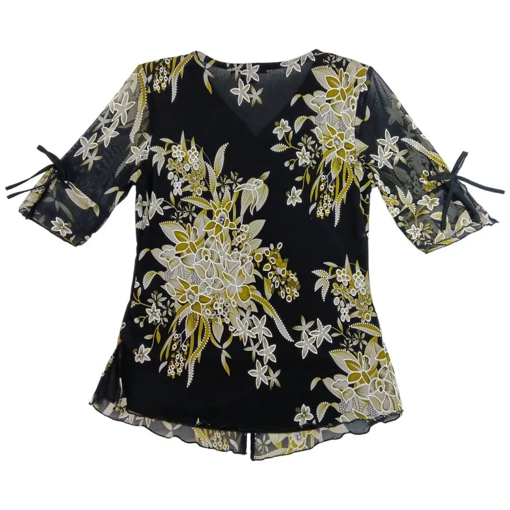 Design Works- Women's Top-Black, Green-White floral- PSMALL-Lined 3/4 Sleeve - Picture 3 of 14
